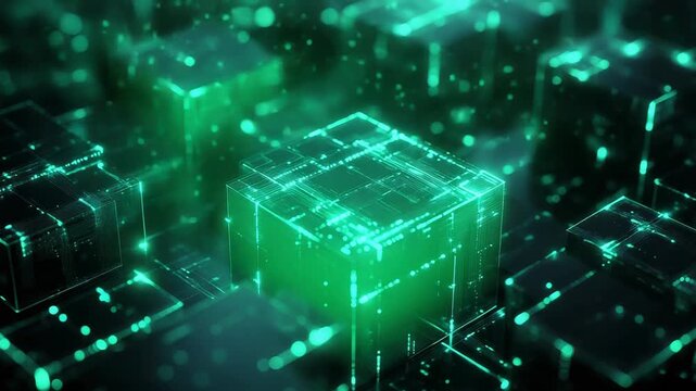 Blockchain technology concept displaying green glowing data blocks