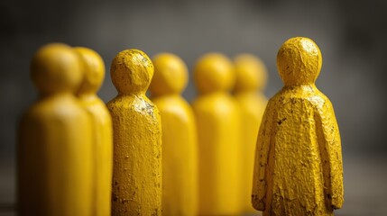 Group of yellow wooden figures arranged with one figure standing apart on a neutral background