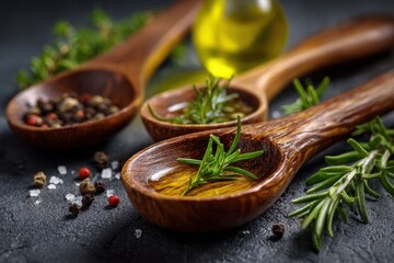 Herbs and oils in natural wood spoons stock photo