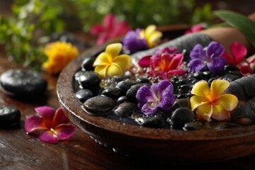 Relaxing foot spa with stones and flower petals images