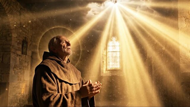 Elderly man monk praying in monastery church, light rays shining from ceiling and monk receiving halo. Religious spiritual concept.
