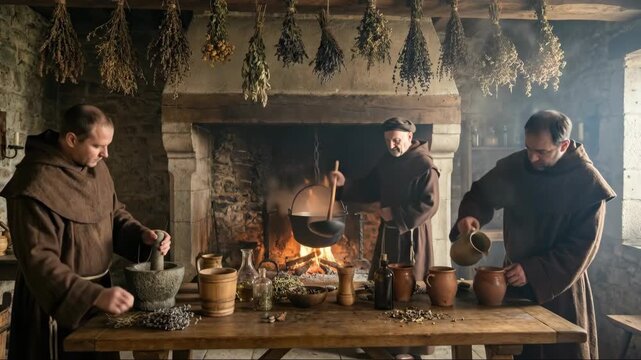 Two men monk processing herbs and brewing liquid by fireplace in monastery as traditional medicine and medieval healing.