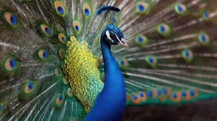 Naklejka premium A blue and yellow peacock with its head held high. The peacock is the main focus of the image, and its vibrant colors make it stand out. Concept of beauty and majesty