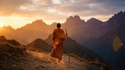 Buddhist monk walking on a mountain path during sunset. Spiritual journey and contemplation in a serene landscape. Religious and devotional concept.