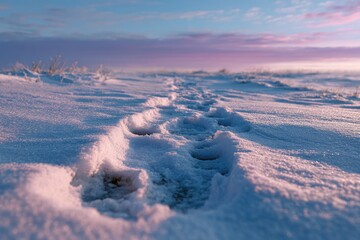 Soft snow footprints under pastel sky lifestyle travel stock images