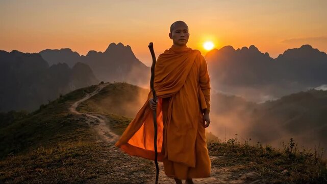 Asian man monk with staff walking on mountain path at sunset. Buddhism religion and spiritual journey concept with golden hour light.