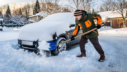 Man digging out car from heavy snow after winter storm.