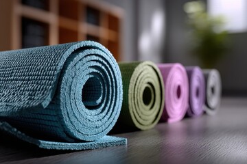 Rolledup yoga mats in soft tones for class prep