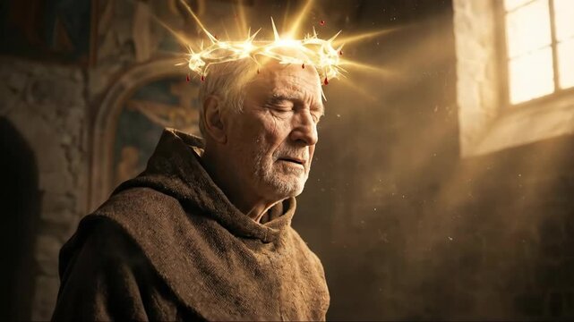 Senior monk in brown robe wearing glowing crown of thorns in monastery, contemplating faith and divine light