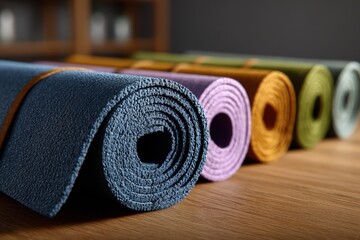 Rolledup yoga mats in soft tones for class prep