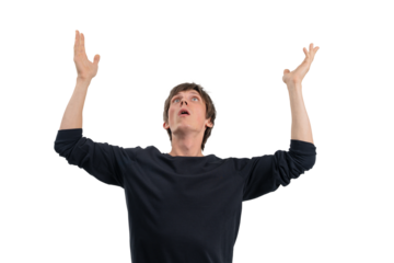 Man with surprised expression raising arms and looking upward, closeup style, isolated on white background, concept of amazement or disbelief