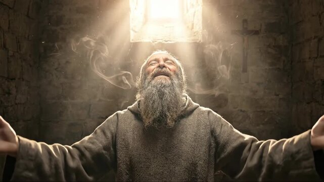 Religious man wearing dark robe with hands raised in prayer under light from window, smoke moving around