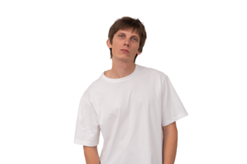 Young man wearing a white t-shirt, standing isolated on a clean white background, suitable for template, layout, png collage or design purposes