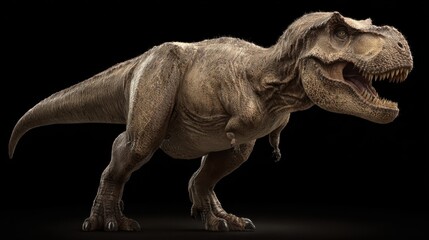 Fototapeta premium Dinosaur model stands on display in a dark setting showcasing its details and features, capturing the imagination of viewers of all ages
