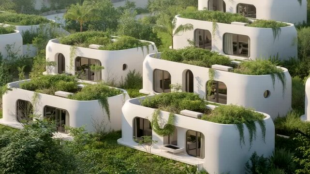 Modern white modular housing units with green rooftop vegetation arranged on hillside landscape