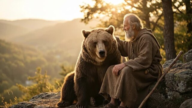 Elderly bearded man monk pats a brown bear on a forest mountain at sunset, showing harmony with nature