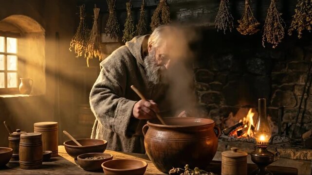 Old man preparing a potion in a monastery kitchen. Monk cooking in a rustic medieval home with dried herbs and a fireplace.