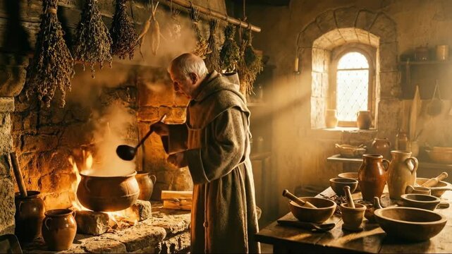Old man monk stewing with dried herbs in a rustic medieval kitchen by firelight, traditional ancient monastery life