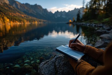 Person journaling at sunrise by mountain lake  stock images