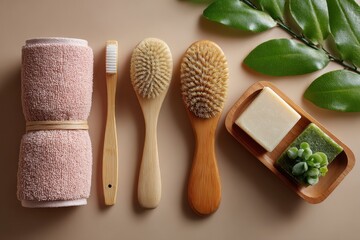Ecofriendly beauty tools flat lay with towel and soap