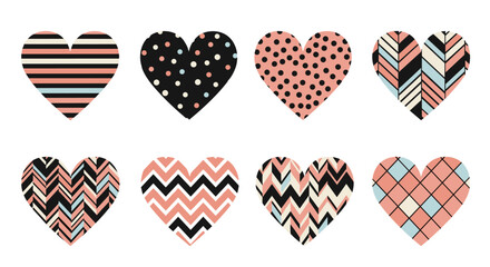 Obraz premium Eight decorative hearts displaying trendy patterns in a chic palette of black, white, pastel pink, and blue, perfect for modern design.