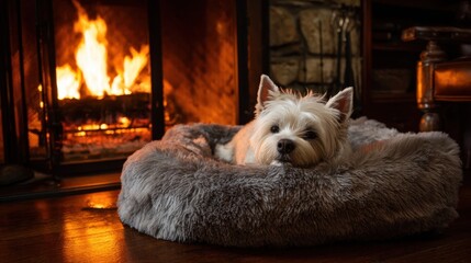 Cozy dog resting near the fireplace on a soft bed in a warm living room setting during the evening hours