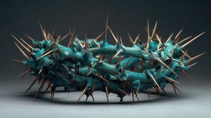 Crown made of thorns in turquoise color placed on a gray surface with light focusing on the sharp points and detailed textures of the thorns