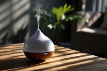 Modern essential oil diffuser on bamboo table with vapor