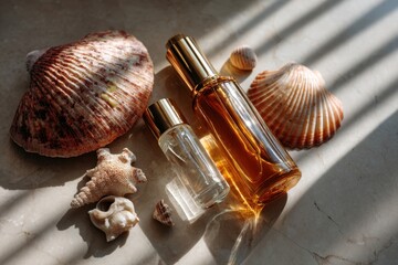 Summer skincare products and shells in flat lay arrangement