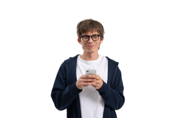 Young man wearing glasses and casual clothes holding a smartphone, isolated on clean white background, concept of communication and technology