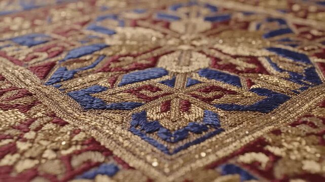 Detailed Shot of Intricate Embroidery With Gold, Blue, and Red Threads