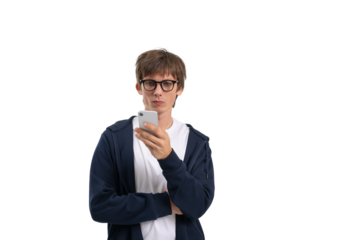 Young man in glasses using smartphone, wearing casual hoodie and t-shirt, realistic style, isolated on white background, concept of communication