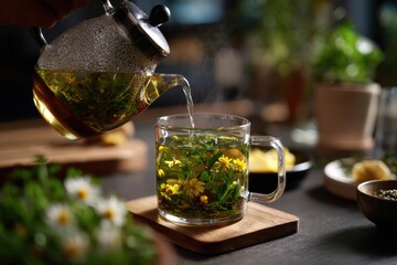 Person preparing herbal tea in kitchen natural surroundings stock images