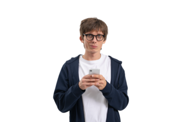 Young man in glasses wearing hoodie and holding smartphone, realistic photo style, isolated on white background, ideal for template or layout design use