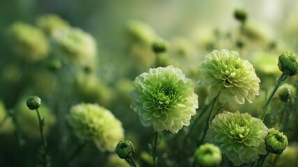 緑色の美しいダリアの花々。自然や植物関連の素材に最適な花のクローズアップ写真。