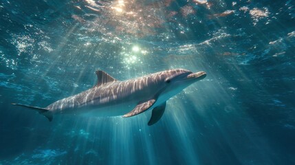 Fototapeta premium Dolphin swimming in clear water with sunlight shining from the surface during midday in the ocean