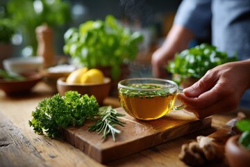 Person preparing herbal tea in kitchen natural surroundings stock images