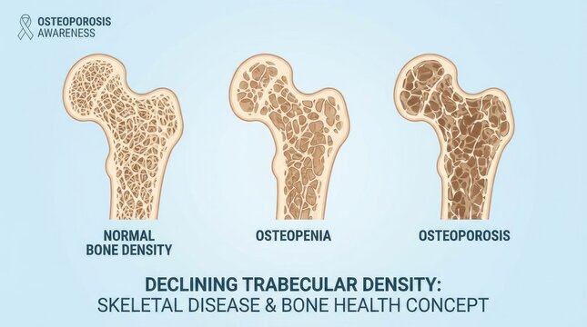 Illustration comparing normal bone density osteopenia and osteoporosis trabecular bone structure skeletal