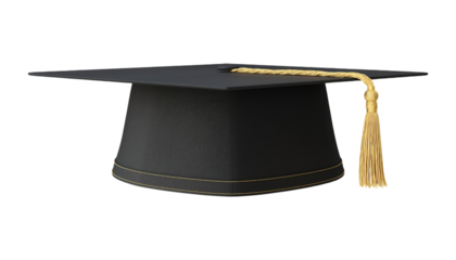 Black graduation cap with gold tassel isolated on transparent background