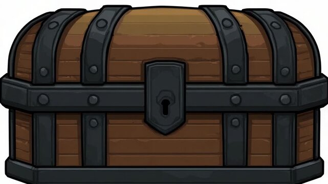Wooden treasure chest with black metal bands and lock in cartoon style, isolated on white background, representing adventure or treasure concept