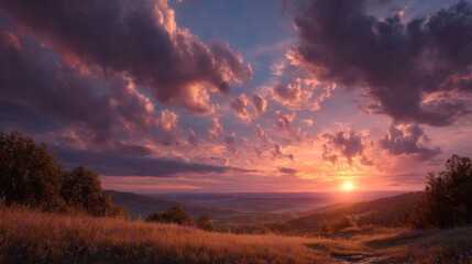 A scenic view displays a vibrant sunset where the sun dips below distant hills. The sky features colorful clouds with a grassy field in the foreground.