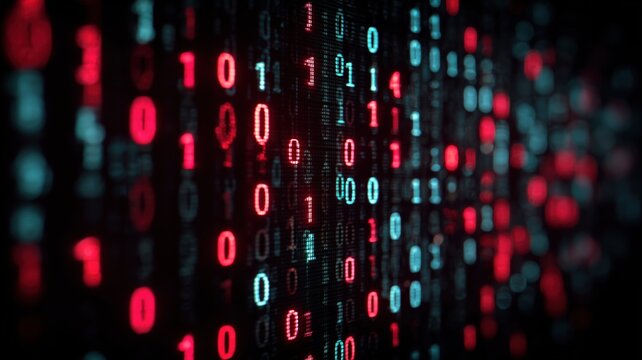 赤と青の二進数が並ぶデジタルコードのイメージ。プログラミングやサイバーセキュリティ関連の資料に最適な背景素材。