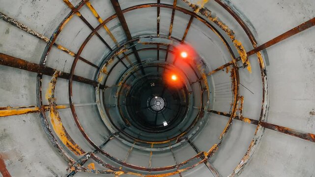 A metal staircase spirals down an industrial escape shaft. Strobe lights flash, casting shadows on walls. Distant alarm sirens echo through the space