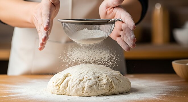 Chef dusting dough with flour using a sieve for homemade bread making