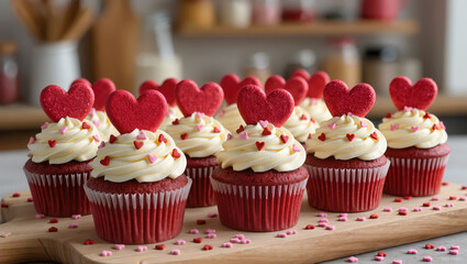 Red velvet cupcakes with heart toppers and cream frosting decorated with small heart sprinkles. Romantic dessert concept.