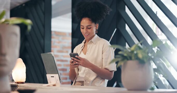 Happy woman, tablet and payment with phone in hotel for online booking or check in at reception. Female person, customer or self service station on mobile smartphone for NFC or barcode scan at resort