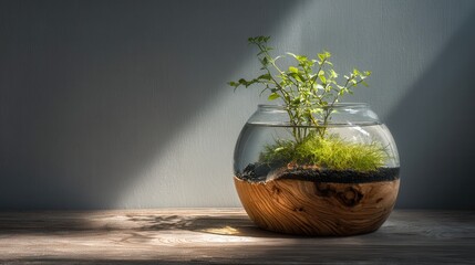 Green plant grows in a clear round container on a wooden surface during bright sunlight in a room