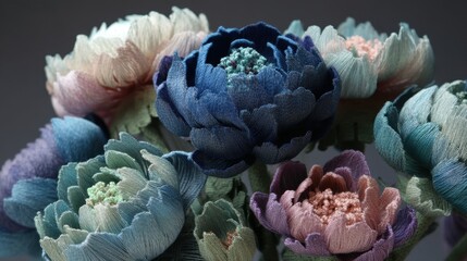 Obraz premium A group of embroidered flowers is displayed in a close up view. The flowers exhibit different shades of blue green and pink. Details of each petal are visible against a dark background.