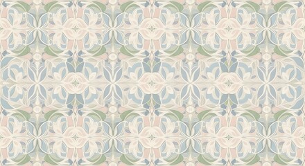 Fototapeta premium Seamless decorative pattern featuring abstract floral and organic shapes. Soft pastel palette of beige, light blue, and muted green, ideal for elegant backgrounds or textile designs