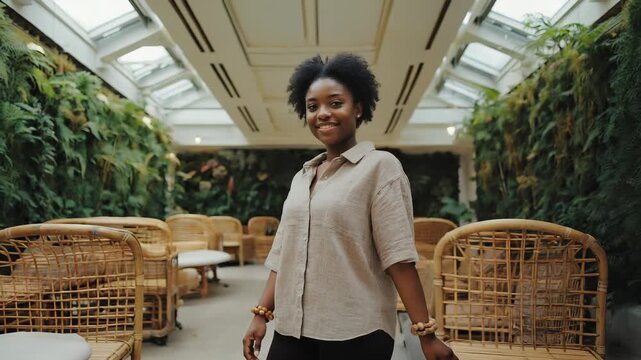 A young Black woman with natural curls stands in an eco-friendly lobby. She wears a linen shirt and wooden beads. Plants surround her in warm natural light